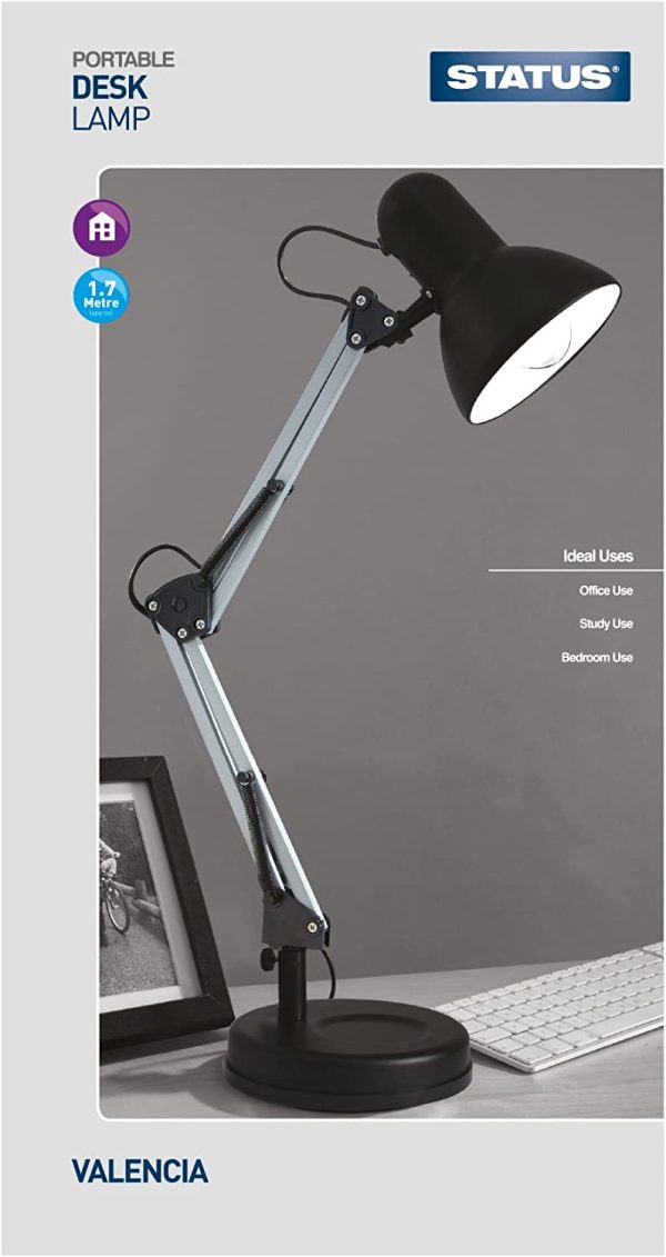 STATUS VALENCIA BLACK & SILVER ANGLED / ADJUSTABLE DESK LAMP ES