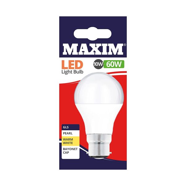 10 X MAXIM 10W=60W GLS LED LIGHT BULB BAYONET / BC WARM WHITE PEARL