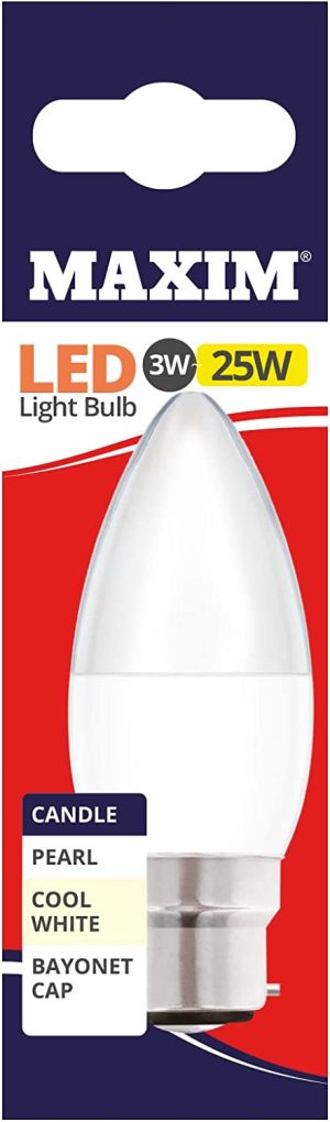 10 X MAXIM 3W=25W CANDLE LED LIGHT BULB BAYONET / BC COOL WHITE PEARL