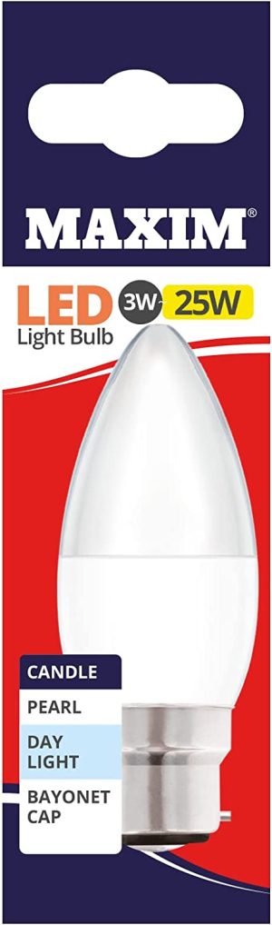 10 X MAXIM 3W=25W CANDLE LED LIGHT BULB BAYONET / BC DAY LIGHT PEARL