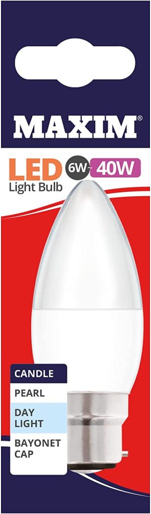 10 X MAXIM 6W=40W CANDLE LED LIGHT BULB BAYONET / BC DAY LIGHT PEARL