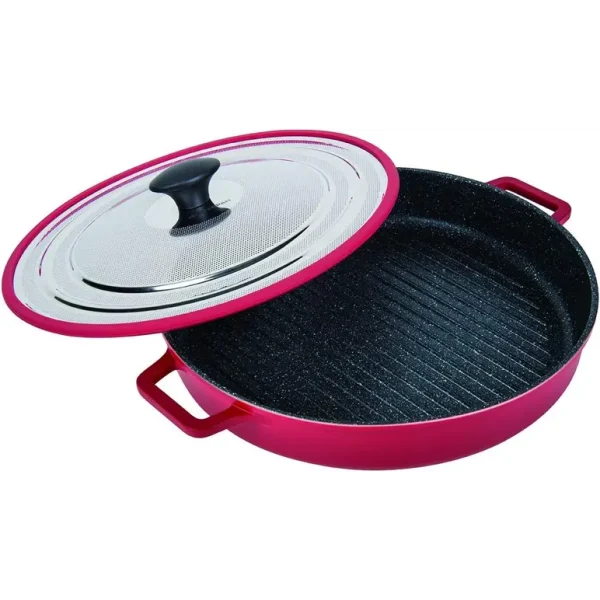 MASTERPAN MP-106 ALUMINIUM CAST STOVETOP RED OVEN GRILL PAN WITH STEAM RELEASING LID 30CM