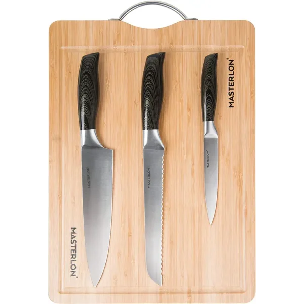 MASTERPAN MP-108 MASTERLON 4 PIECE KNIFE SET WITH BAMBOO CHOPPING BOARD 20CM