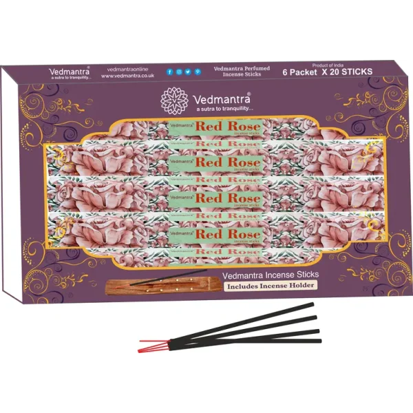 VEDMANTRA PERFUMED INCENSE STICKS PACK OF 120 WITH HOLDER - RED ROSE