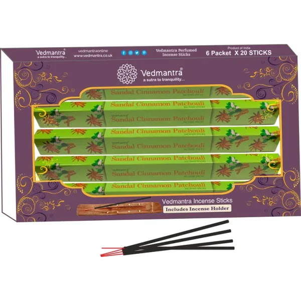 VEDMANTRA PERFUMED INCENSE STICKS PACK OF 120 WITH HOLDER - SANDAL CINNAMON PATCHOULI