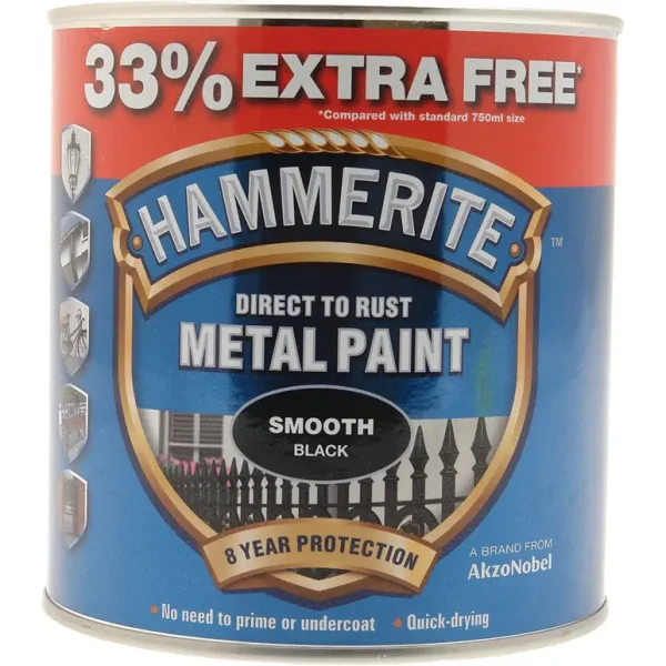 HAMMERITE METAL PAINT SMOOTH BLACK 750ML + 33% FREE (1L)