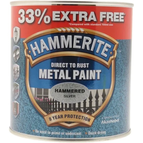 HAMMERITE METAL PAINT HAMMERED SILVER 750ML + 33% FREE (1L)