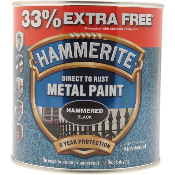 HAMMERITE METAL PAINT HAMMERED BLACK 750ML + 33% FREE (1L)