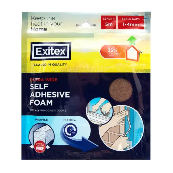 EXITEX EXTRA WIDE SELF ADHESIVE DRAUGHT EXCLUDER WEATHER FOAM TAPE 10MM X 5M - BROWN