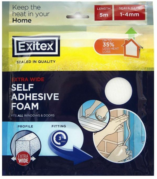 EXITEX EXTRA WIDE SELF ADHESIVE DRAUGHT EXCLUDER WEATHER FOAM TAPE 10MM X 5M - WHITE