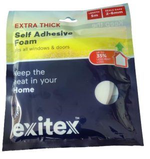 EXITEX EXTRA THICK SELF ADHESIVE DRAUGHT EXCLUDER WEATHER FOAM TAPE 6MM(T) X 8MM(W) X 5M - WHITE