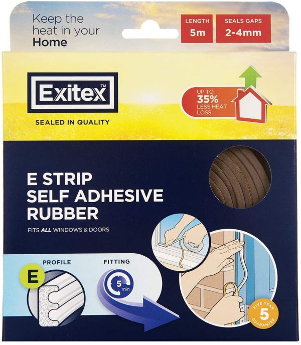 EXITEX SELF ADHESIEVE EPDM RUBBER E STRIP DRAUGHT EXCLUDER 5M - BROWN