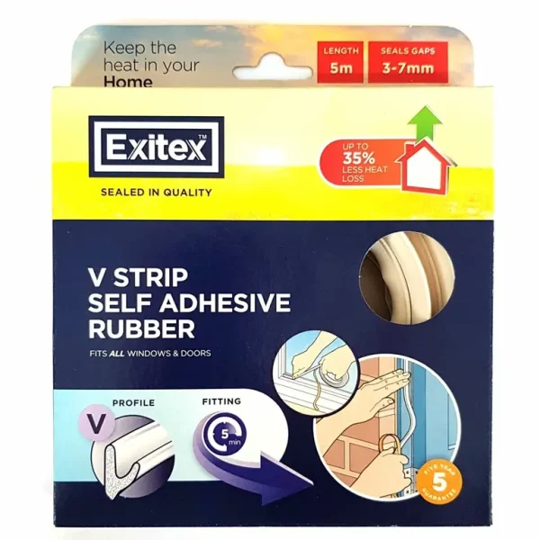 EXITEX SELF ADHESIEVE EPDM RUBBER V STRIP DRAUGHT EXCLUDER 5M - WHITE