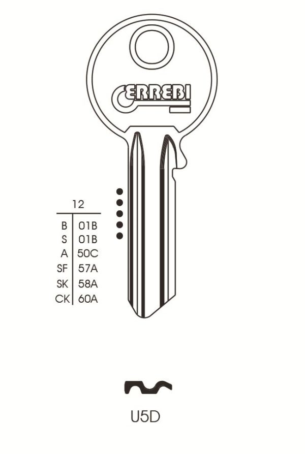 KEY BLANK U5D ERREBI CYLINDER ORION UNL5 SILCA UL050 (STEEL)HD UL1 5 PIN TO SUIT UNIVERSAL PACK OF 10