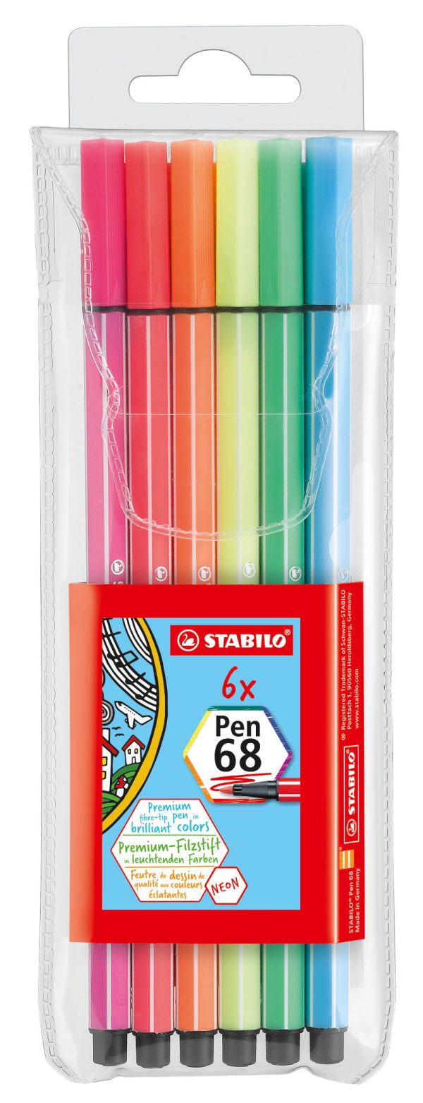 STABILO PEN 68 PLASTIC WALLET OF 6 NEON COLOURS