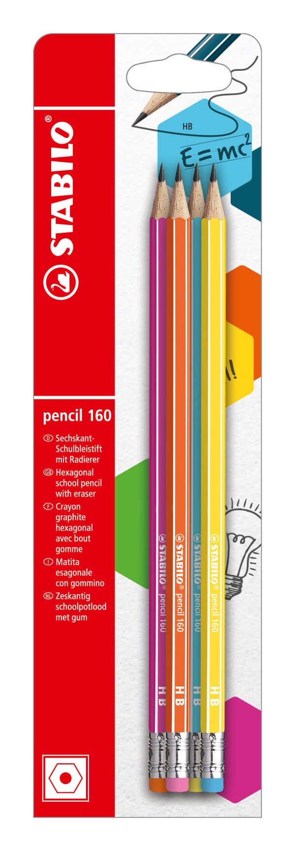 STABILO 4 PCS PENCIL 160 WITH ERASER HB (PINK BLUE ORANGE YELLOW)