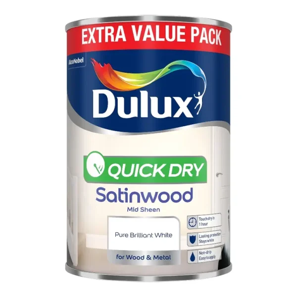 DULUX QUICK DRY SATINWOOD PURE BRILLIANT WHITE 1.25L