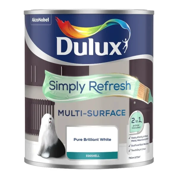 DULUX SIMPLY REFRESH MULTI-SURF EGGSHELL PURE BRILLIANT WHITE 750ML