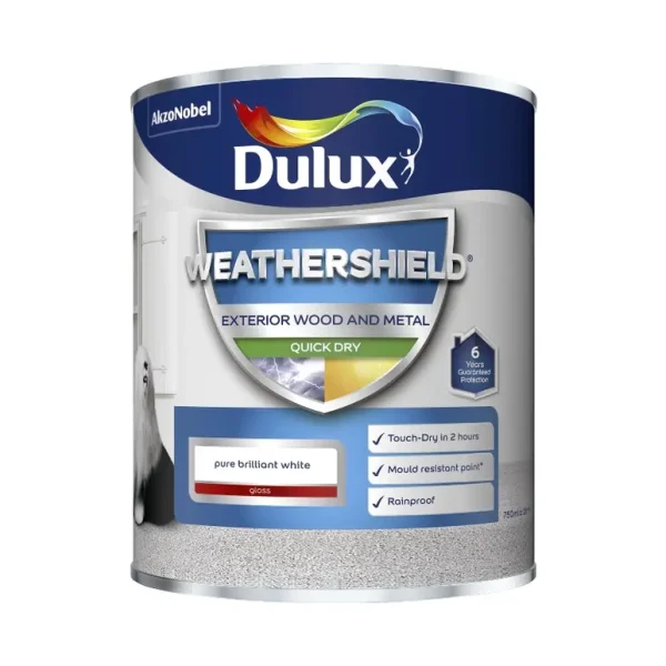 DULUX WEATHER SHIELD QUICK DRY GLOSS PURE BRILLIANT WHITE 750ML