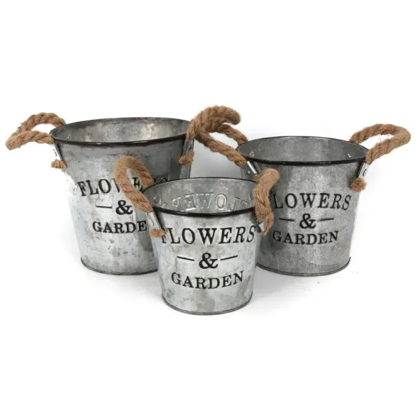 FLOWERS GARDEN GALVANISED METAL PLANTER ROPE HANDLES SET PACK OF 3