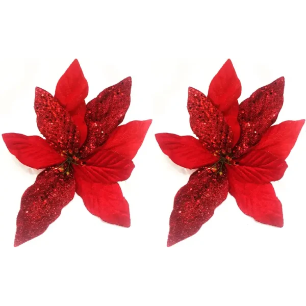 2 GLITTER POINSETTIA FLOWER ON CLIP 17CM