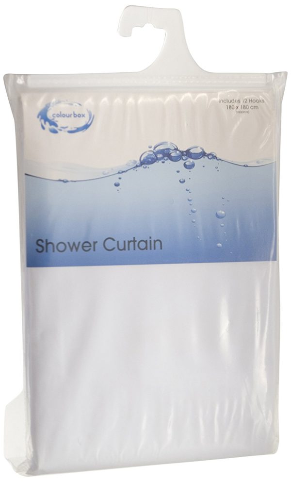 COLOUR BOX WHITE SHOWER CURTAIN 180CM X 180CM WITH 12 CURTAIN RINGS