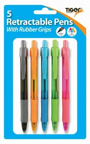 TIGER RETRACTABLE PENS WITH RUBBER GRIPS 5/PK