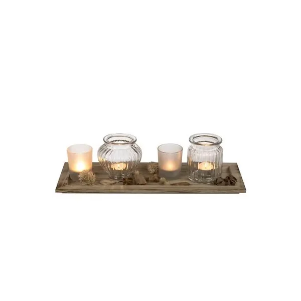 4 TEALIGHT VOTIVE CANDLE HOLDER & DECORATION WITH WOODEN TRAY BASE