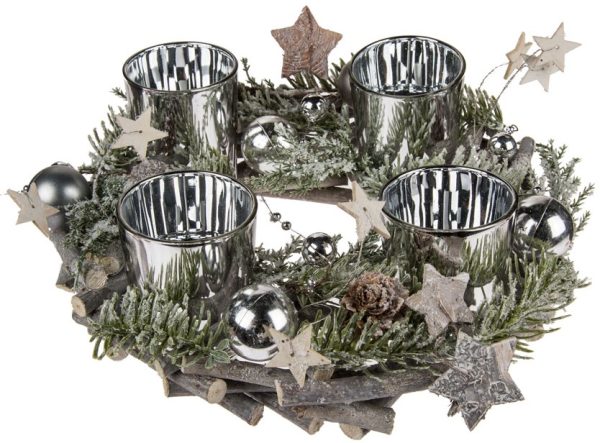 CHRISTMAS ADVENT TWIG WREATH 4 SILVER MERCURY GLASS TEALIGHT CANDLE HOLDER