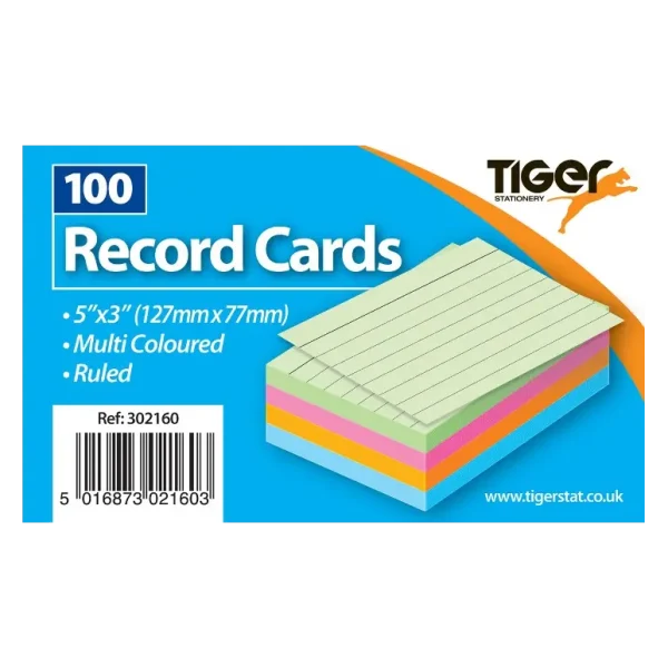 TIGER COLOUR RECORD CARDS 5 INCH X 3 INCH 100/SHEETS