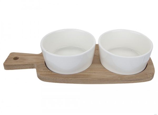 9CM CERAMIC TAPAS DISH BOWL WITH SERVING OVAL WOODEN BOARD 25CM X 10CM