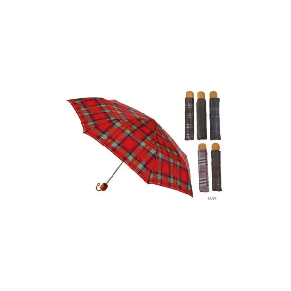 DRIZZLES DELUXE TARTAN SUPER MINI UMBRELLA WITH WOOD HANDLE