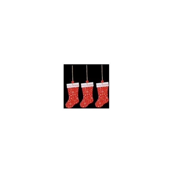 3 RED WOODEN STOCKING DESIGN HANGERS