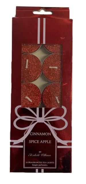 ELIZABETH WILLIAM CINNAMON & SPICE APPLE RED GLITTER TEA LIGHT CANDLE PACK OF 10