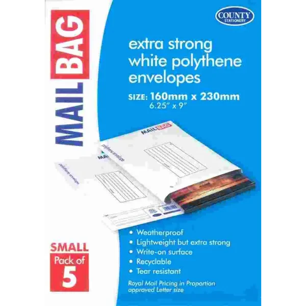 COUNTY SMALL POLYTHENE WHITE MAIL BAGS 160MMX 230MM PACK OF 5