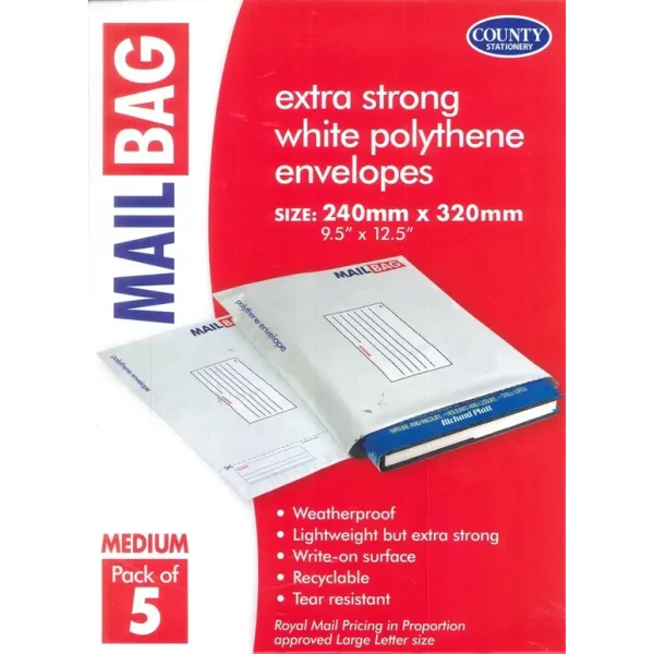 COUNTY MEDIUM WHITE POLYTHENE MAIL BAGS 240MM X 320MM PACK OF 5