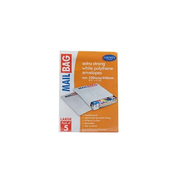 COUNTY LARGE WHITE POLYTHENE MAIL BAGS 320MM X 440MM PACK OF 5