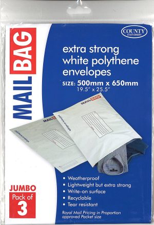 COUNTY JUMBO POLYTHENE WHITE MAIL BAGS 500MM X 650MM PACK OF 25