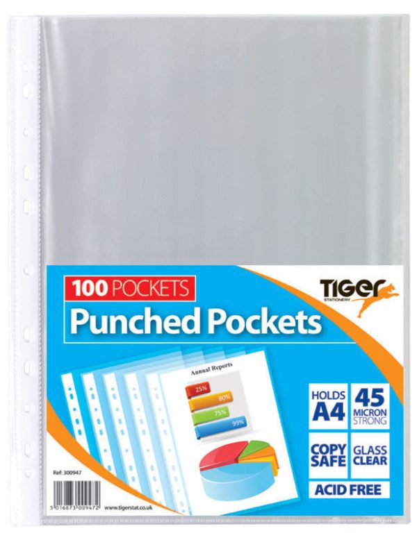 TIGER A4 STRONG TRANSPERENT POLY PUNCH POCKETS PACK OF 100