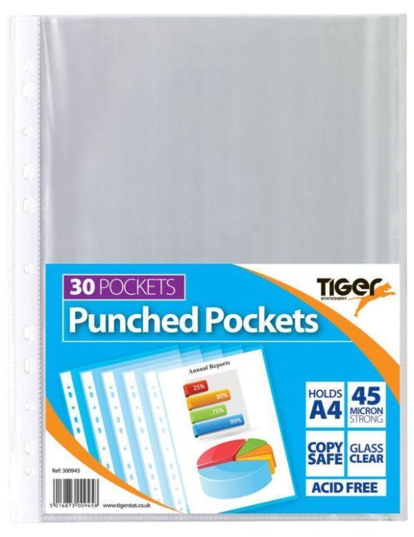 TIGER A4 STRONG TRANSPERENT POLY PUNCH POCKETS PACK OF 30