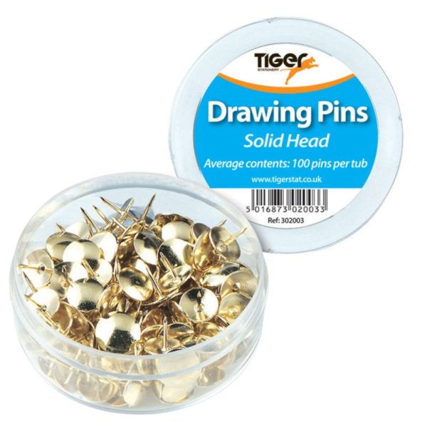 TIGER DRAWING PINS BRASS WITH SOLID HEAD PACK OF 100