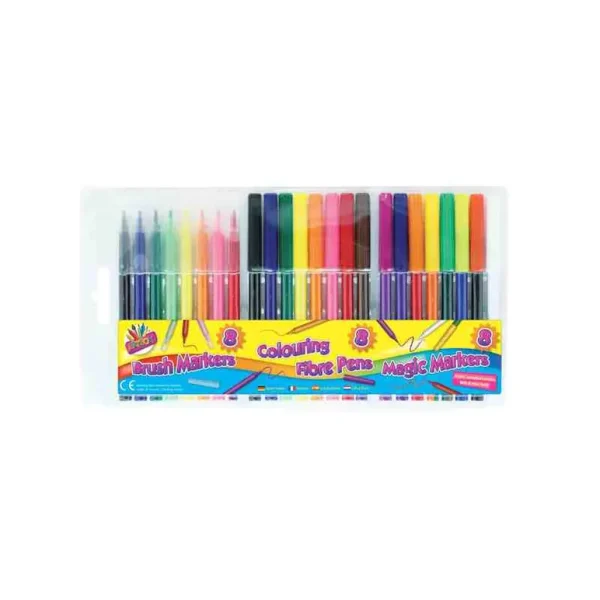 24 COLOUR PEN SET 8 FIBER 8 BRUSH 8 MAGIC MARKERS