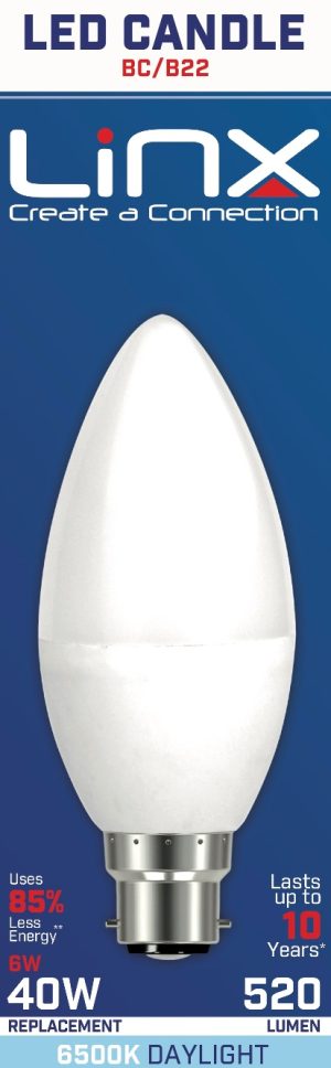 C37 CANDLE OPAL B22 220-240V 6W 520LMS 6500K LED BULB