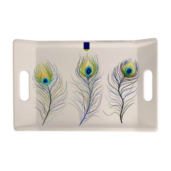 MELAMINE PEACOCK FEATHER DESIGN HANDLED TRAY 15 X10.75 INCH