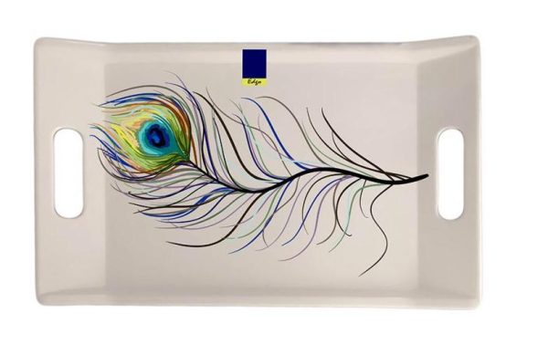 MELAMINE PEACOCK FEATHER DESIGN HANDLED TRAY 13 X 7 INCH