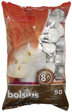 BOLSIUS TEALIGHT CANDLE WHITE 8 HRS PACK OF 50