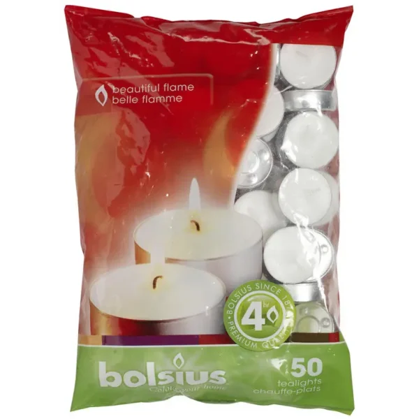 BOLSIUS BURN TEALIGHTCANDLE WHITE 4HRS OF PK OF 50