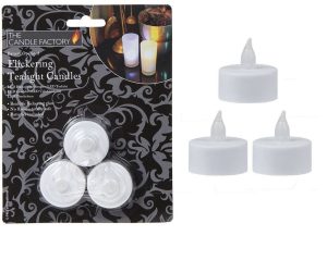 WHITE BATTERY OPERATED FLICKERING TEA LIGHT CANDLES PACK OF 3
