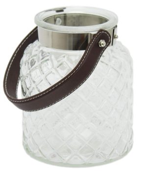 CLEAR TRANSPERANT SEEDED GLASS HURRICANE LANTERN WITH BROWN FABRIC HOOP