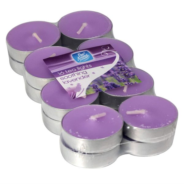 PAN AROMA COLOUR TEA LIGHTS CANDLES SOOTHING LAVENDER FRAGRANCE PACK OF 16